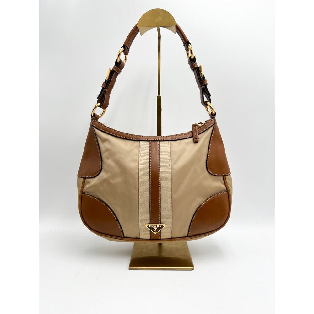 Vintage Prada Tessuto Stripe Nylon & Leather Shoulder Bag Y2K Tan